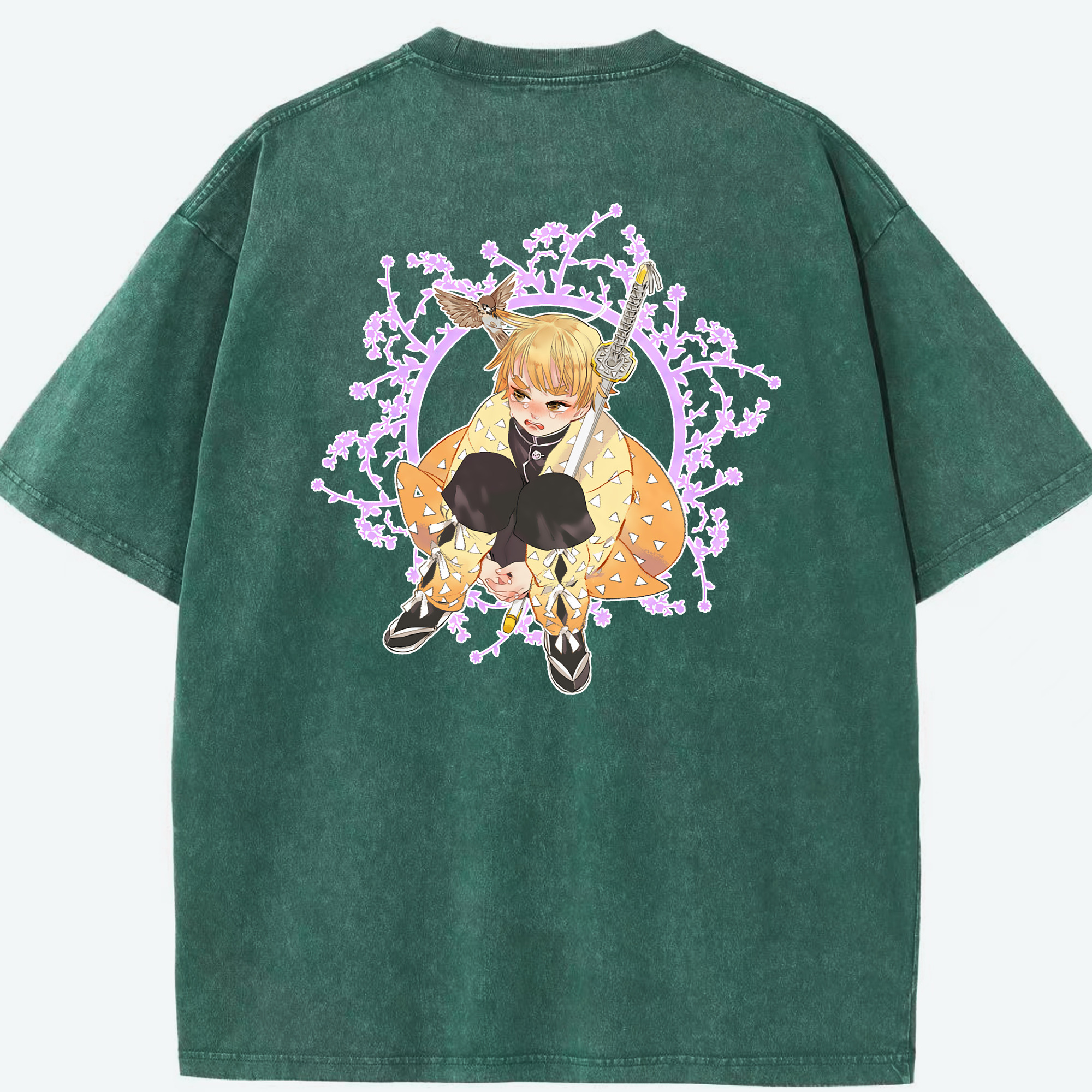 （画像用） 鬼滅の刃（きめつのやいば）我妻 善逸／あがつま ぜんいつ Agatsuma Zenitsu 綿100% ヴィンテージ風 半袖Tシャツ（背面プリント）